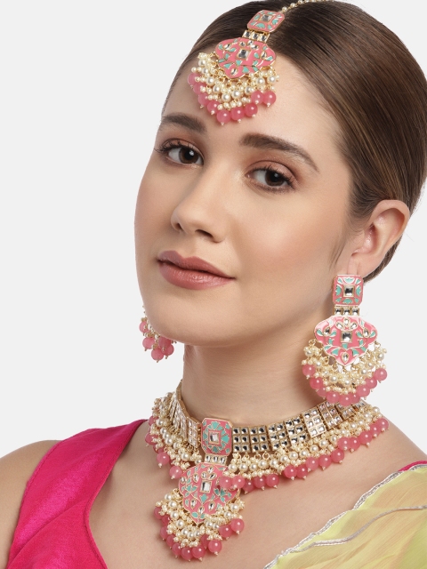 

Melani Borsa Women Peach Ethnic Gold-Plated Handcrafted Brass Kundan Jewellery Set