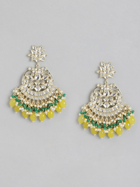 

Melani Borsa Gold-Plated Yellow & Green Kundan Crescent Shaped Chandbalis Earrings