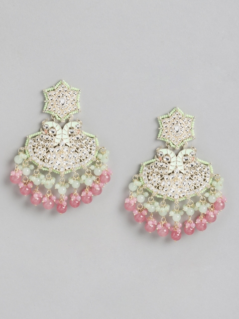 

Melani Borsa Gold-Plated Pink & Green Kundan Peacock Shaped Drop Earrings
