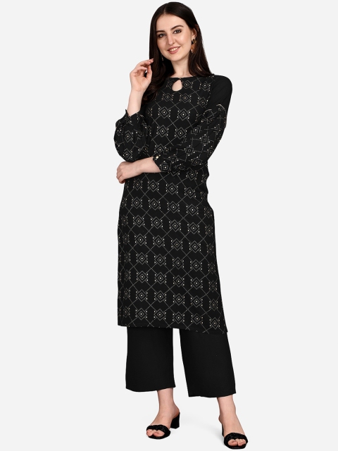 

SANISA Women Black Geometric Printed Keyhole Neck Cold-Shoulder Sleeves Kurta