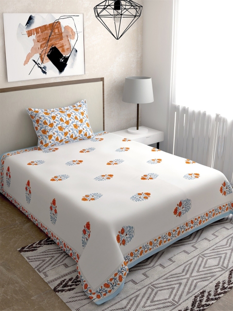 

Salona Bichona White & Orange Ethnic Motifs 144 TC Single Bedsheet with 1 Pillow Covers