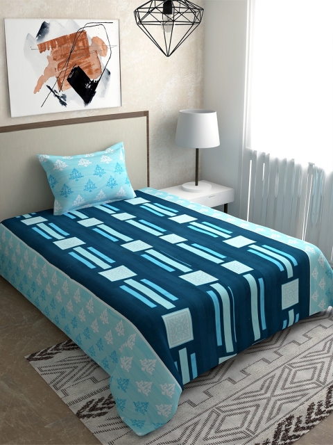 

Salona Bichona Blue & White Geometric 120 TC Single Bedsheet with 1 Pillow Covers