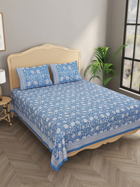 

Gulaab Jaipur Blue 600 TC Floral Printed King Bedsheet with 2 Pillow Cover