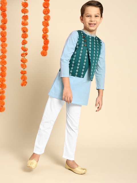 

House of Pataudi Boys Green & Blue Pure Cotton Jashn Kurta Set with Nehru Jacket