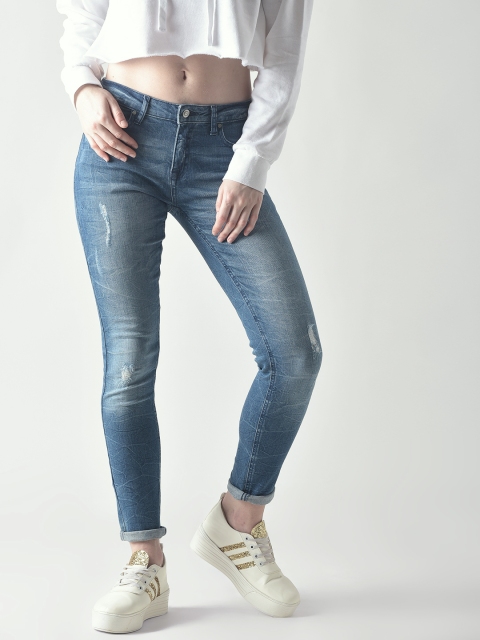 

FOREVER 21 Women Blue Regular Fit Mid-Rise Low Distress Stretchable Jeans
