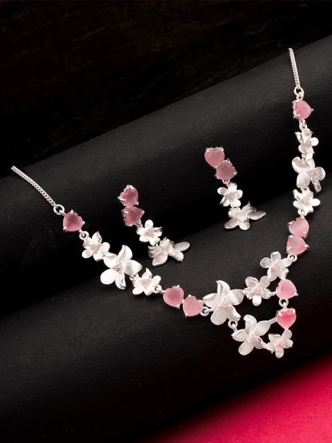 

Voylla Silver-Toned & Pink Brass Love Paradise Blooms Necklace Set