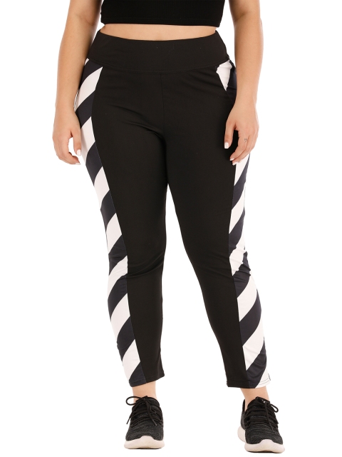 

URBANIC Women Plus Size Black & White Striped Skinny Fit High-Rise Track Pants