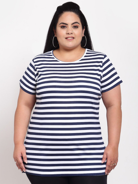 

plusS Women Black Striped Drop-Shoulder Sleeves Monochrome Pockets T-shirt