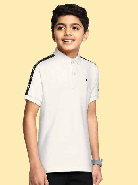 

Tommy Hilfiger Boys White Brand Logo Organic Cotton Polo Collar T-shirt