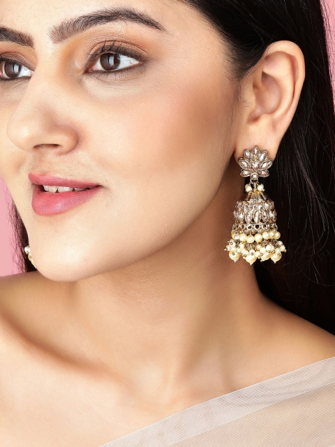 

Rubans Gold-Toned & White AD Studded Dome Shaped Jhumkas Earrings