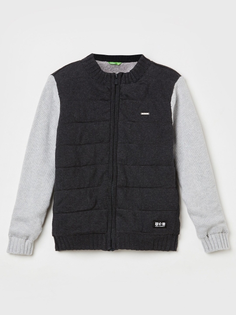 

Bossini Boys Grey Melange & Charcoal Grey Striped Cotton Front-Open Sweater