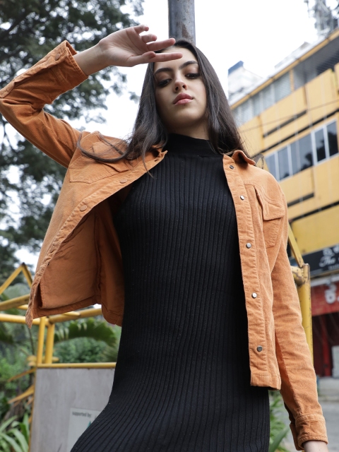 

RAREISM Women Orange Corduroy Denim Jacket
