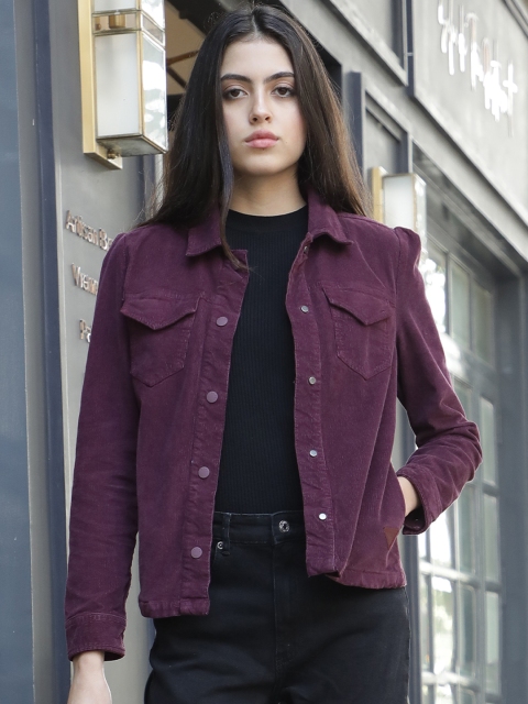 

RAREISM Women Maroon Striped Corduroy Denim Jacket