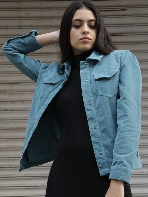 

RAREISM Women Turquoise Blue Corduroy Denim Jacket