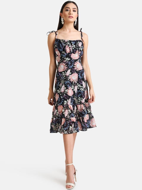

Kazo Black Floral Printed A-Line Midi Dress