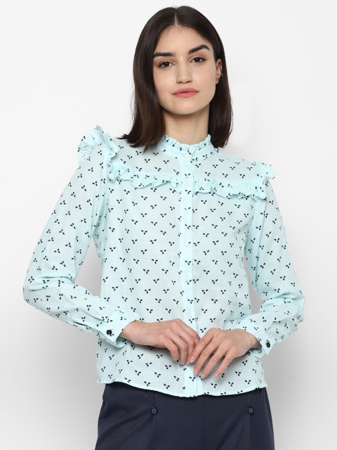 

Allen Solly Woman Blue Printed Pure Cotton Shirt Style Top with Frills