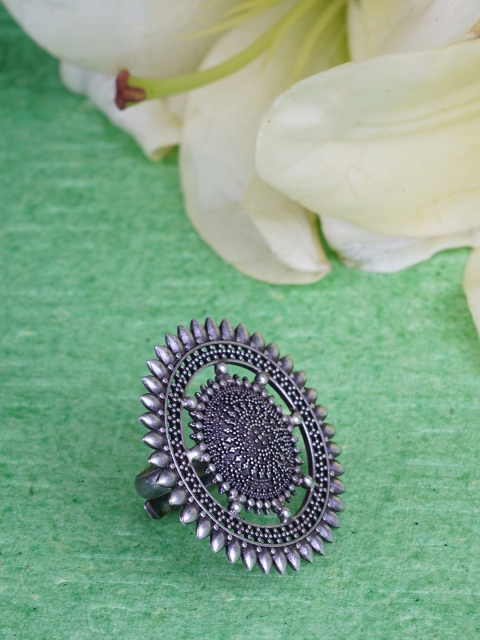 

FIROZA Silver-Toned Oxidised Tribal Cocktail Adjustable Finger Ring