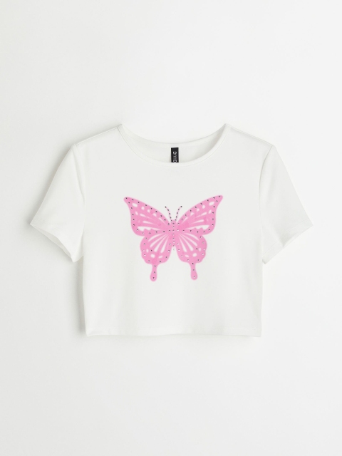 

H&M White & Pink Graphic Printed Jersey Cropped Top
