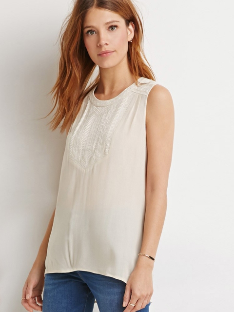 

FOREVER 21 Women Beige Embroidered Detail Top