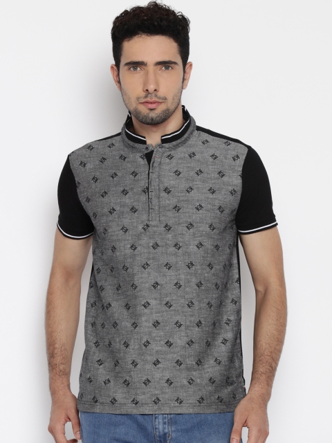 

Status Quo Men Charcoal Grey & Black Printed Henley T-Shirt