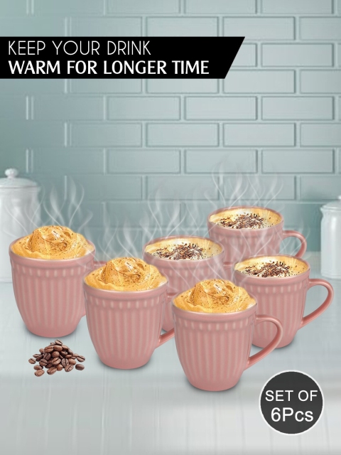 

URBAN CHEF Peach-Coloured Textured Ceramic Matte Mugs Set of 6 Cups