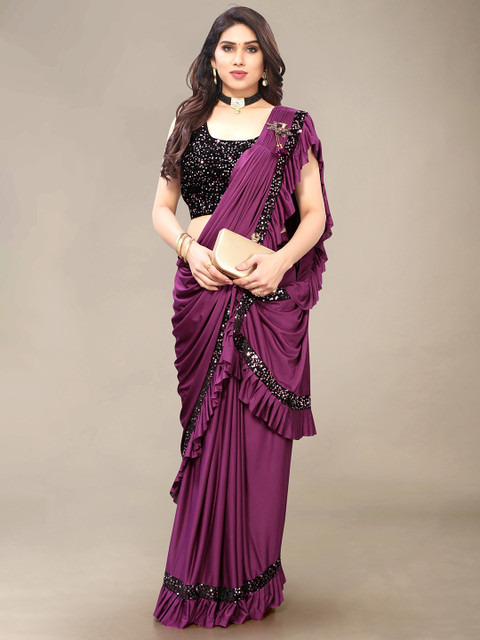

Mitera Purple & Black Sequinned Ruffled Ready To Wear Saree
