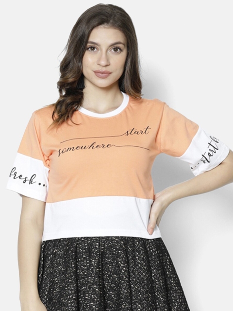 

V2 Value & Variety Orange & White Colourblocked Regular Crop T Shirt