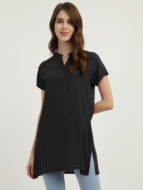 

V2 Value & Variety Black Mandarin Collar Regular Longline Top