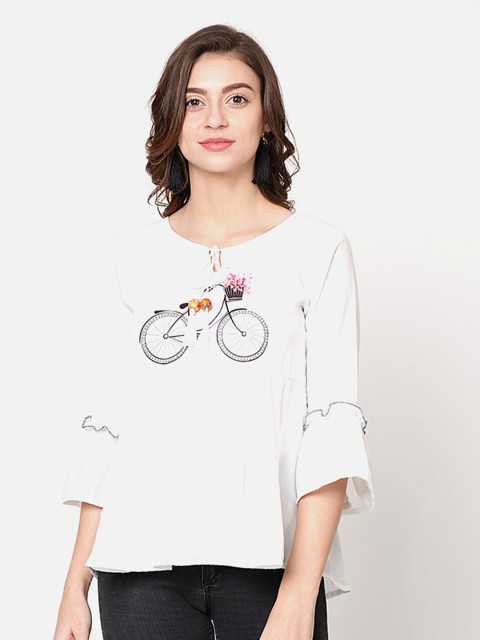 

V2 Value & Variety Cream-Coloured Tie-Up Neck Crepe Regular Top