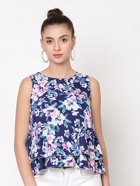 

V2 Value & Variety Blue & Pink Floral Layered Crepe A-Line Top