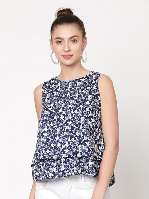 

V2 Value & Variety Blue & White Floral Layered Crepe A-Line Top