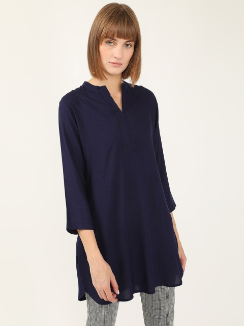 

V2 Value & Variety Navy Blue Mandarin Collar Regular Longline Top