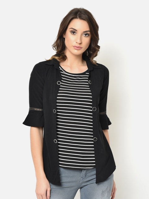 

V2 Value & Variety Black & White Striped Layered Regular Top