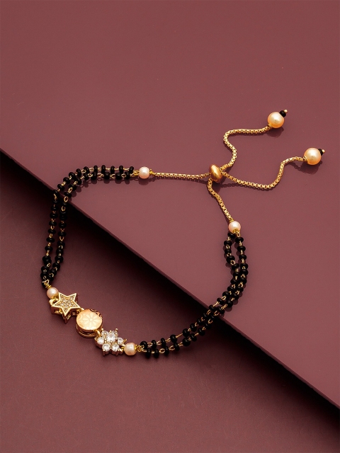 

aadita Women Gold-Toned & Black Brass American Diamond Hand Mangalsutra Bracelet