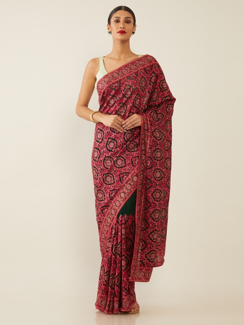 

Soch Green & Pink Ethnic Motifs Embroidered Saree