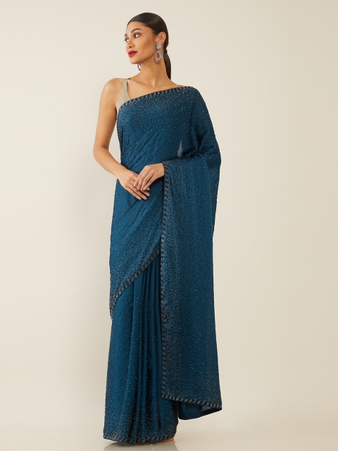 

Soch Teal Embellished Beads and Stones Satin Heavy Work Saree