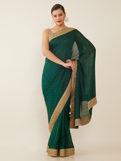 

Soch Green & Gold-Toned Lace Border Saree