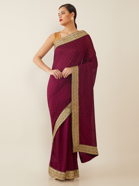 

Soch Purple & Gold-Toned Embellished Beads and Stones Heavy Work Saree