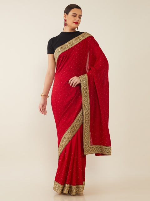 

Soch Maroon & Gold-Toned Beads and Stones Lace Border Saree
