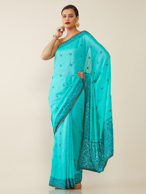 

Soch Green & Gold-Toned Floral Embroidered Saree