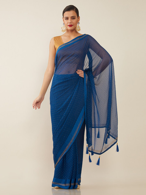 

Soch Blue & Silver-Toned Embellished Beads and Stones Heavy Work Saree