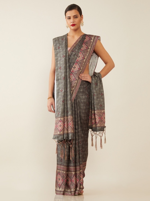 

Soch Grey & Pink Printed Silk Saree with Shawl