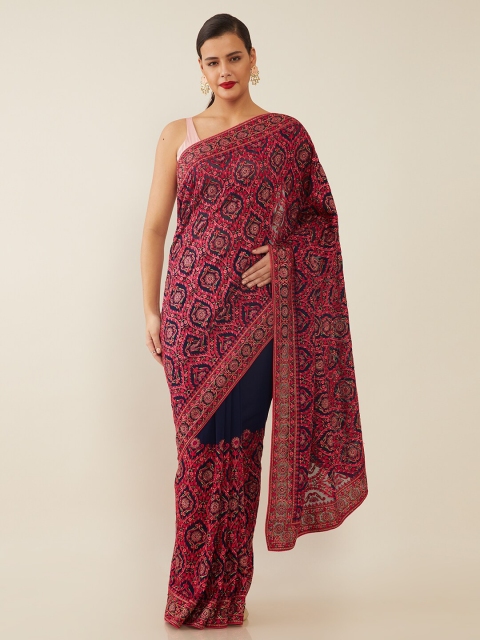 

Soch Navy Blue & Red Ethnic Motifs Embroidered Georgette Saree