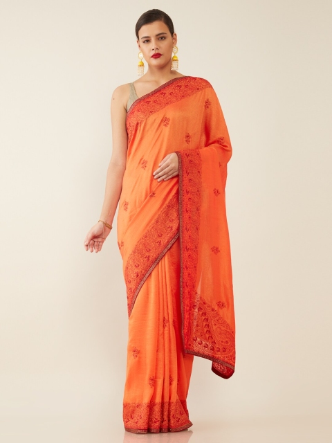 

Soch Orange Paisley Embroidered Silk Saree