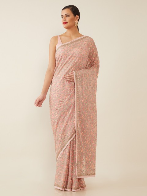 

Soch Pink & Green Floral Embroidered Heavy Work Saree