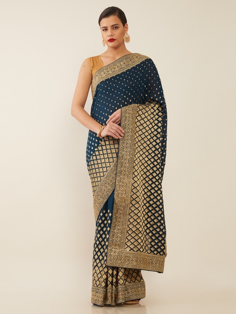 

Soch Navy Blue & Gold-Toned Embroidered Heavy Work Saree