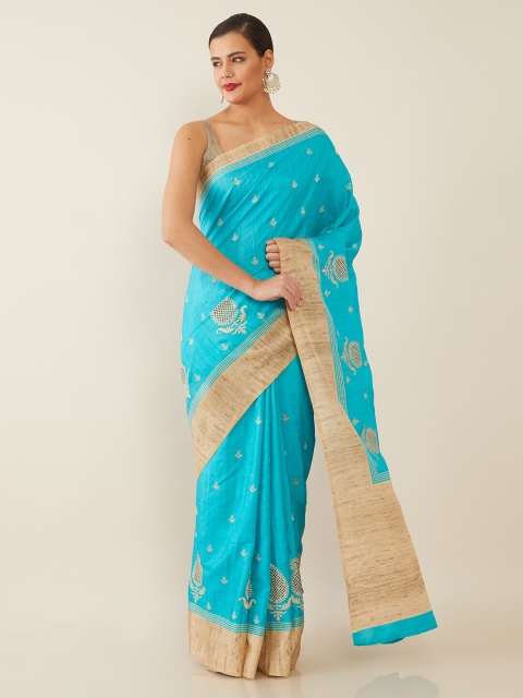 

Soch Blue & Beige Ethnic Motifs Embroidered Saree