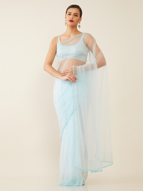 

Soch Blue & White Embellished Beads and Stones Net Heavy Work Saree