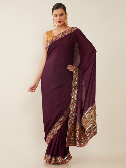 

Soch Purple & Pink Embroidered Satin Saree
