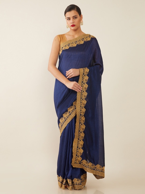 

Soch Blue & Gold-Toned Embroidered Saree